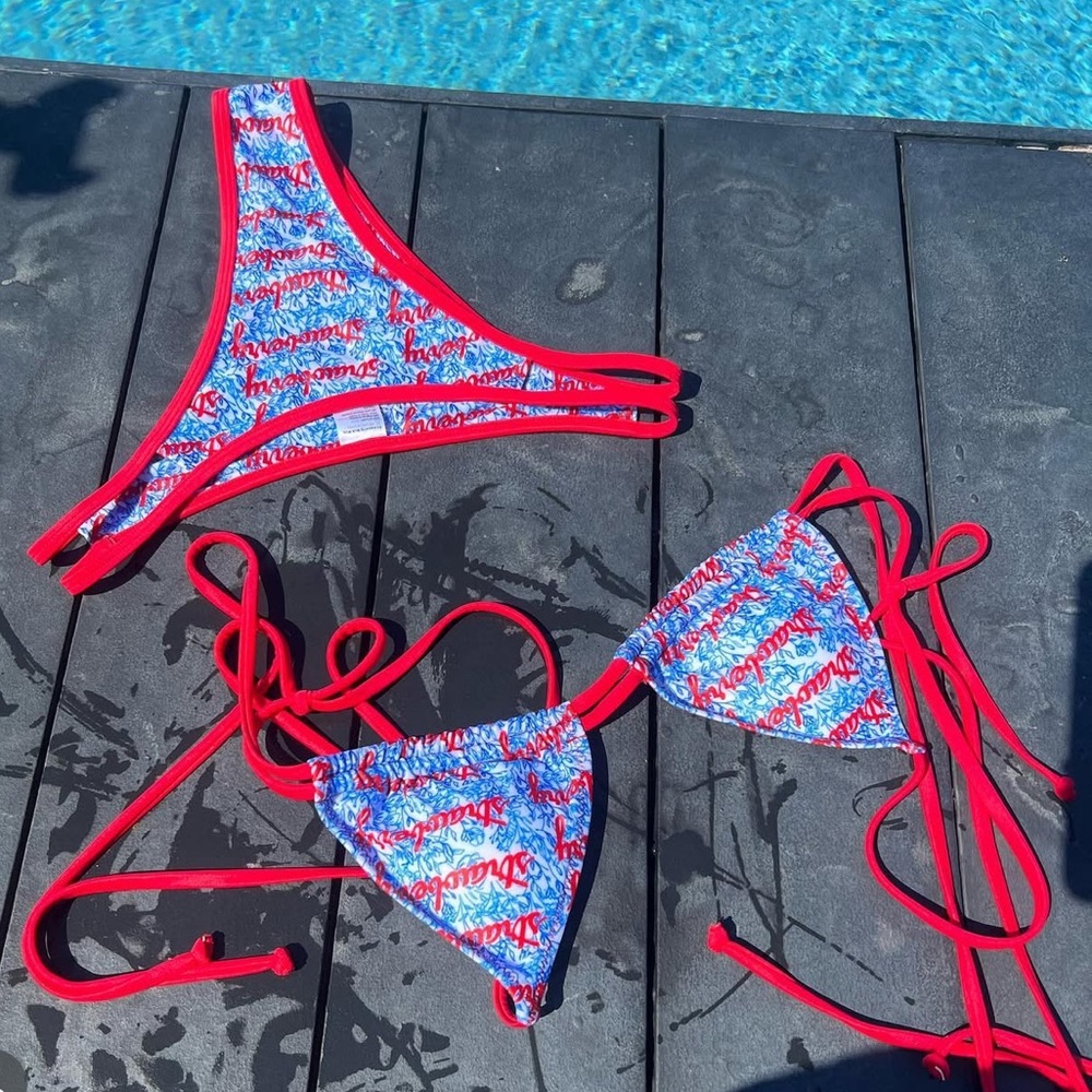 Strawberry Milk Mob Red and Blue Bikini Top and Bottom Set